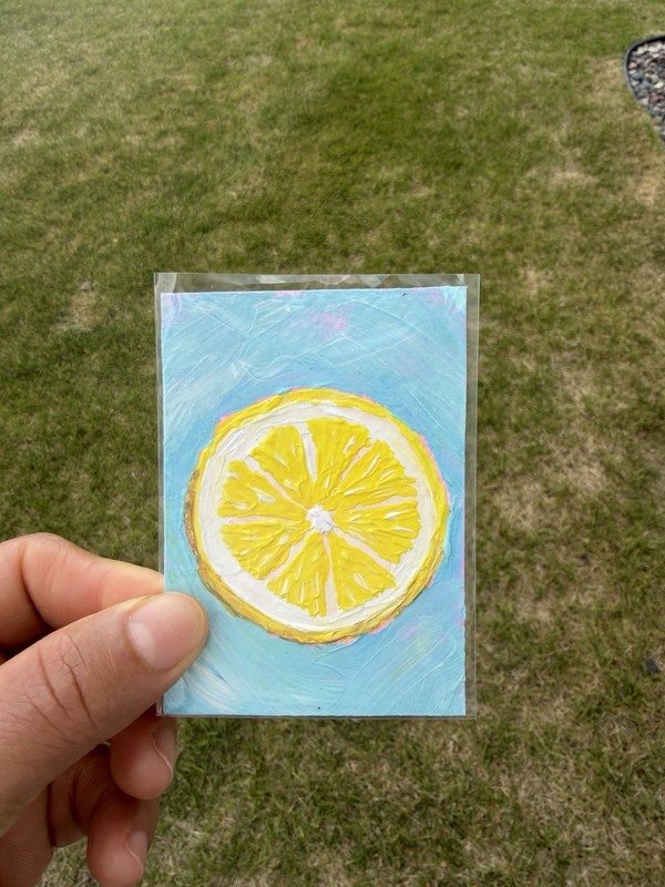 ACEO Original Slice of Lemon Acrylic On Paper Painting Blue yellow Emilia Young