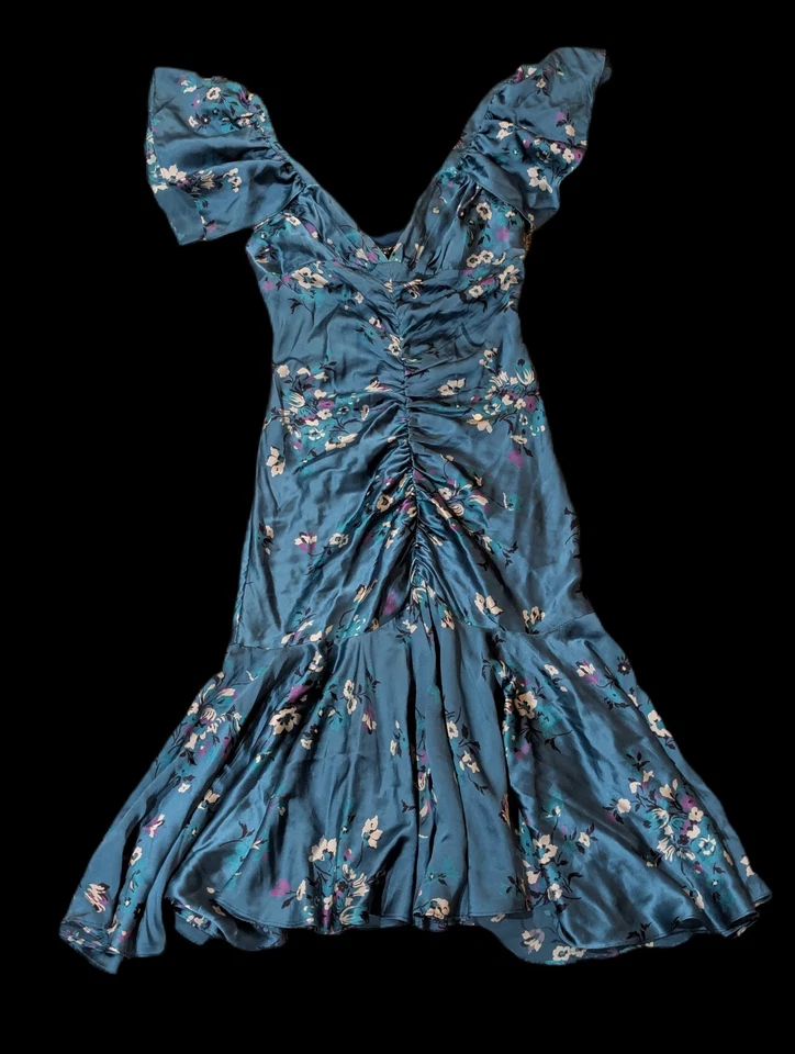 VTG 90s Betsey Johnson 100% Silk Mermaid Dress Sz 4 Blue Floral Fishtail Fairy - Image 2 of 4