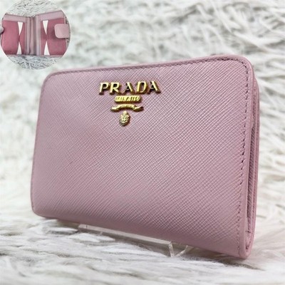 PRADA Logo L-Shaped Zipper Comapact Wallet Saffiano Leather Pink Authentic Used