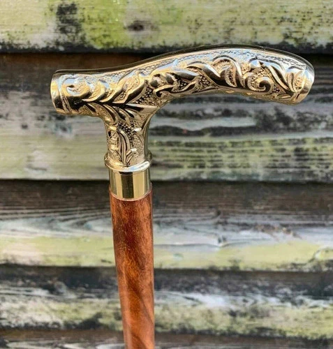 Antique Brass Derby Handle Walking Stick Victorian Wooden Cane 38" Handmade Gift