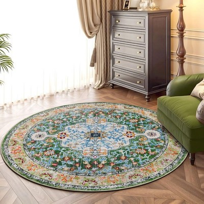 Boho Round Vintage Area Rug 4ft Machine Washable Low Pile Soft Floor Carpet N...