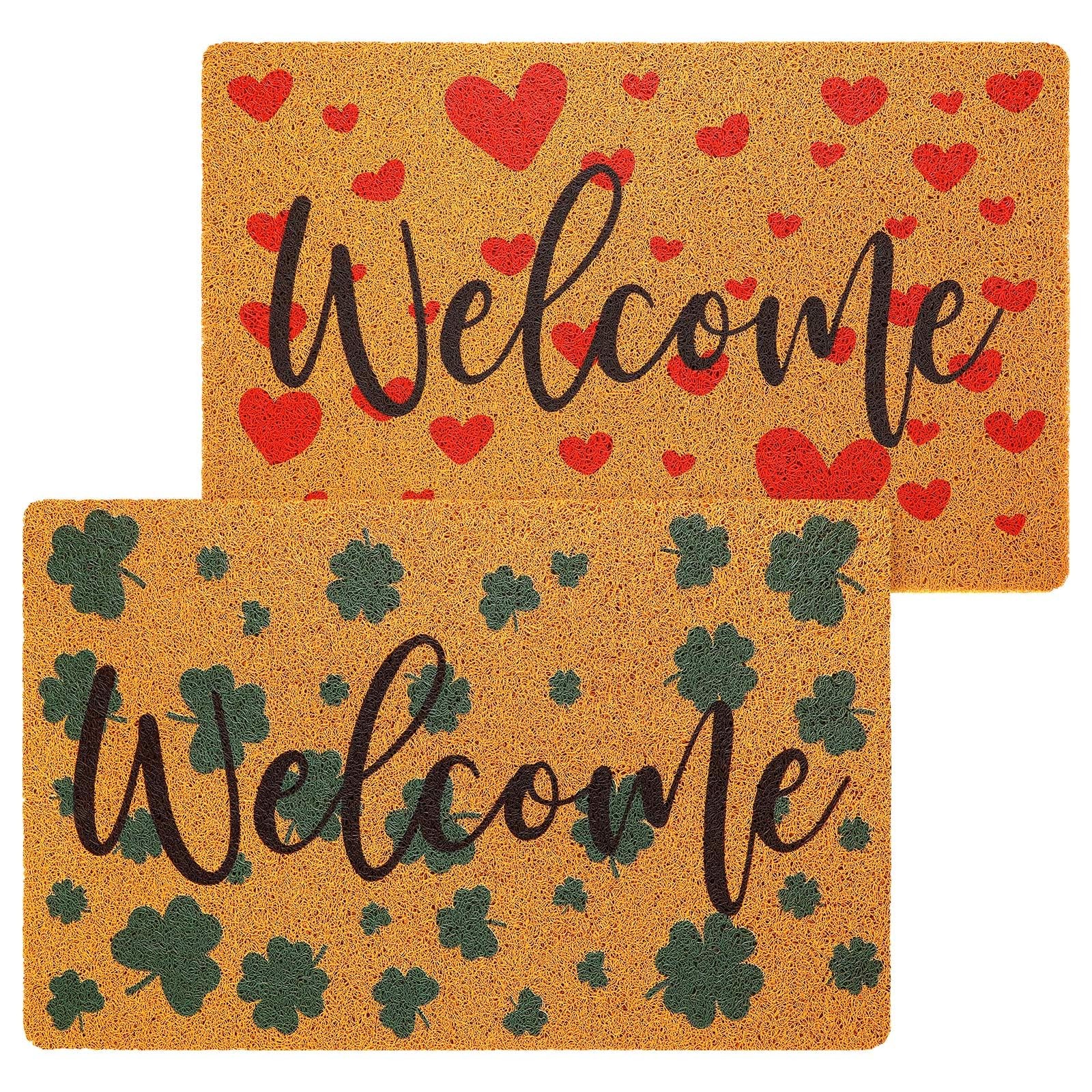 2 Pcs Welcome Doormat Set Shamrock Hearts Imitation Coconut Coir Door Mat Val...