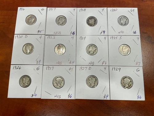 12 Mercury Dimes Good cond -1916,'17,'18,'20,'20D,'23,'24,'25S,'26,'27,27D & '29
