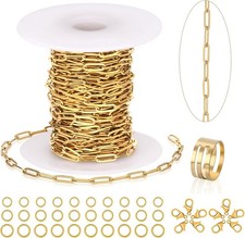 23 Ft Gold Chain for Jewelry Making, 18K Gold Plated Stainless Steel Oval Paperc