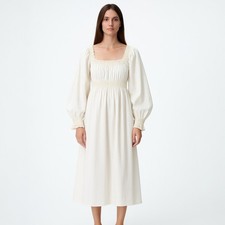 Doen Catrinette White Smocked Square Neck Puff Balloon Long Sleeve Midi Dress  S
