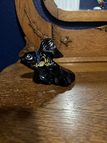Fenton Koi Fish Hand Painted Black Glass Figurine Artist Signed