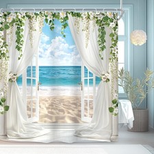 Ocean Beach Shower Curtain for Bathroom Decor 72Wx72H Coastal Blue Sea Summer...