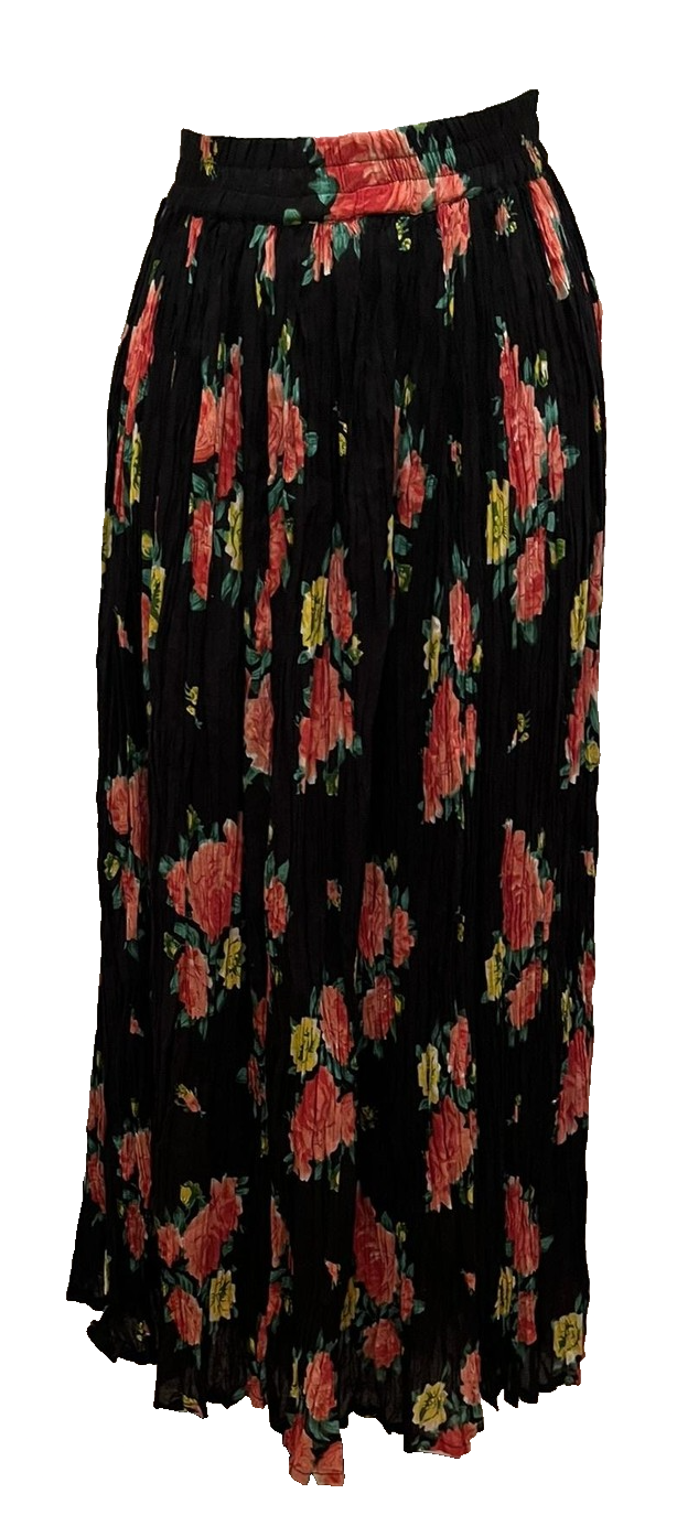 Skirt Womens Medium Black Floral Crinkle Cotton Pleated Maxi Boho Amanda Smith-image