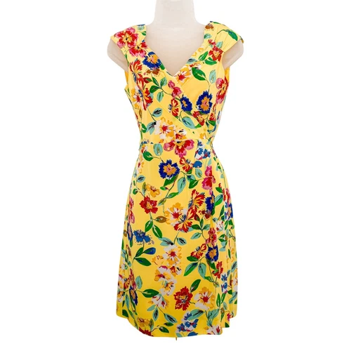 Abito Kate Spade Taglia 6 Giallo Cathleen 100% Seta Floreale Avvolgente Mini Multicolore
