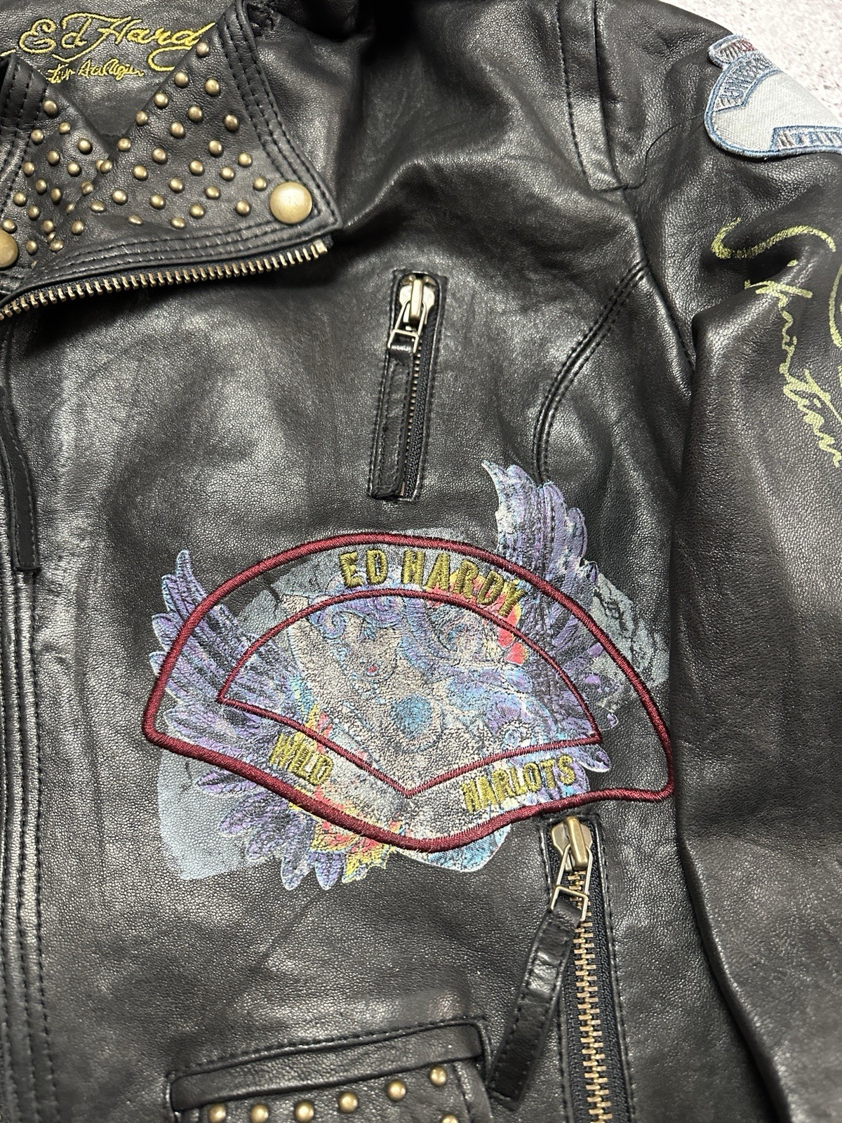 Vintage Ed Hardy by Christian Audigier Leather Jacket Women’s Black Logo Size L image 6