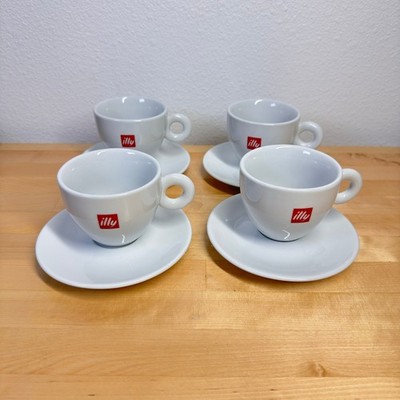 Illy Espresso Cups Saucers Set of 4 White Porcelain Red Logo Italy Donut Handle