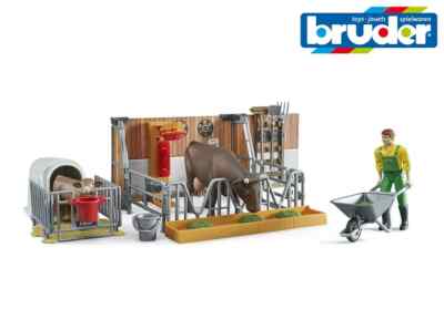 Bruder Toys 62611 Scheune mit Kuh, Kalb, Bauer & Werkzeug Bauernhof Spielset 1:16 versiegelt