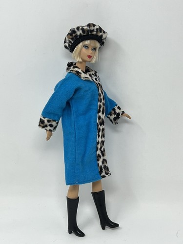 Vintage Clone Barbie Doll Clothes Turquoise Blue Leopard Print Coat Beret Hat - Picture 4 of 14