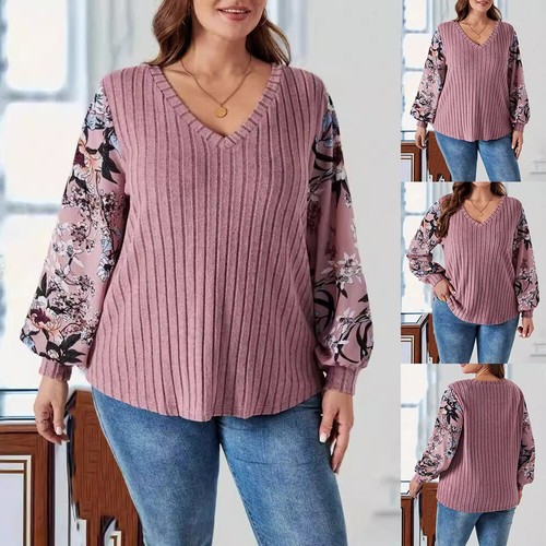 PLUS SIZE ⭐ Women V-Neck Floral Print Casual Long Sleeve Tops Blouse Holiday Tee