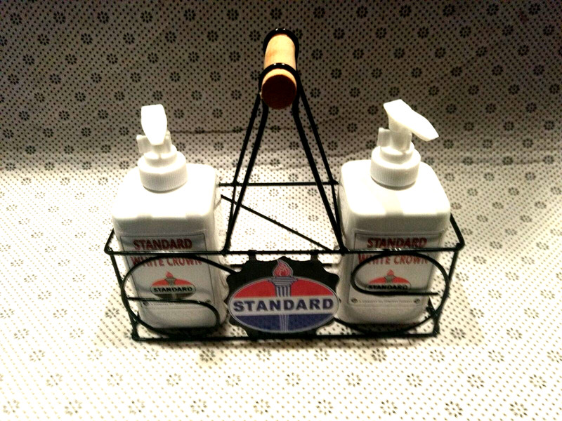 STANDARD OIL WHITE CROWN LIQUID DISPENSERS W/ CARRING RACK. ARTS & CRAFTS