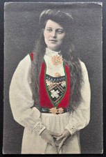 1910s Norway Hand-Tinted   Woman in Traditional Bunad Costume   Mailed to USA