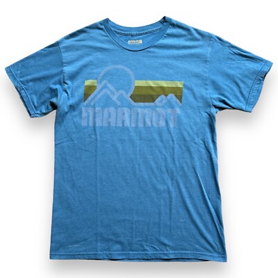 Marmot T-Shirt Mens Sz Medium Blue Mountain Logo Spellout Short Sleeve