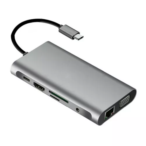 10 in 1 USB Hub Charging Dock Type C HDMI VGA TF RJ45 PD Multi Port Adapter A