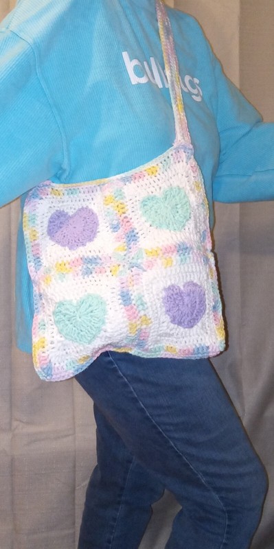 NEW-12"x12" Handmade Crochet Pastel Heart Sparkly Cotton, Purse, Bag, Tote 