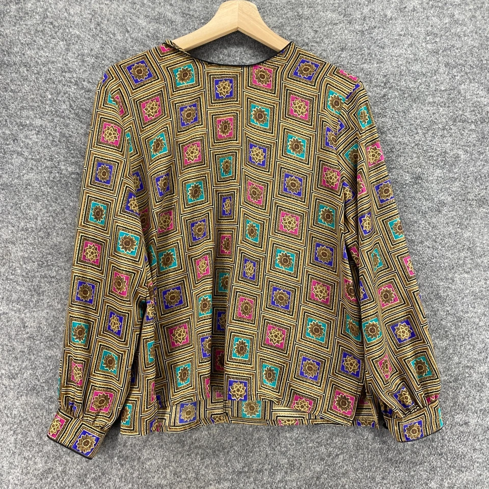 TanJay Blouse Women 8P Petite Brown Geometric Crew Neck Long Sleeve Button - Image 4 of 4