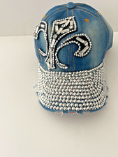 Womens Denim Rhinestone Bling Distressed Adjustable Baseball Cap Hat Brand New