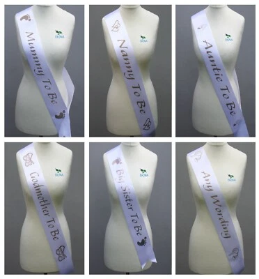 Baby Shower Sash Mummy To Be Mum Nanny Auntie Gender Reveal White sash Gold Text