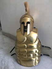 ROMAN VINTAGE BRASS FINISH MUSCLE ARMOR JACKET W/CORINTHIAN HELMET REPLICA