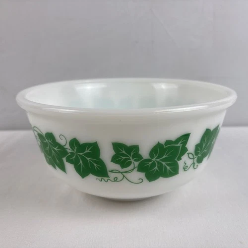 Vintage 1950s Hazel Atlas Green Ivy  8 Inch Mixing Bowl Milk Glass