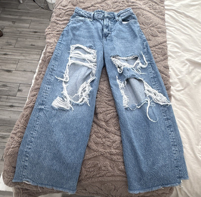 Women s Light Wash Blue Denim Wide Leg Jeans Distressed Solid Pockets One Size