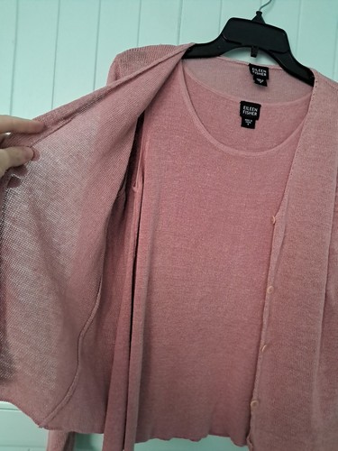 VTG Eileen Fisher 2-Pc Set Cardigan & Shell Sleeveless Top Sz S Linen Knit Pink - Picture 3 of 10