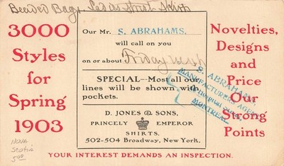 1903 D. Jones & Sons NYC Hemden Werbekarte Postkarte McKinley Briefmarke