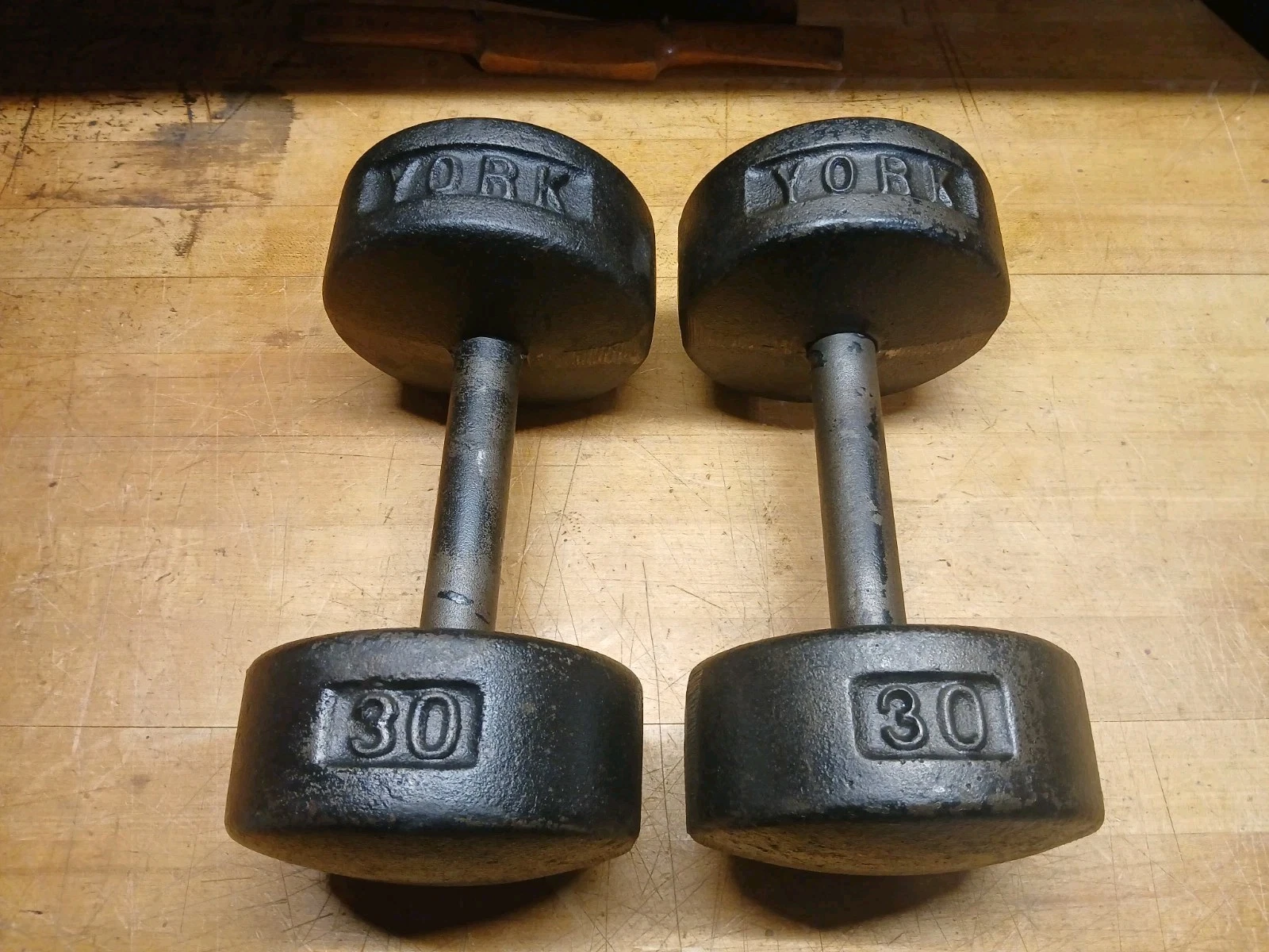 TWO VINTAGE YORK ROUNDHEAD PRE-USA DUMBBELLS WEIGHT 30 LB. EACH