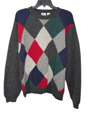 VTG FG Field Gear Gray Mens Lambswool Pullover Sweater Argyle Diamond XL