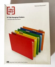 Tru Red 25 Letter Size Hanging Folders, 5 Each Red, Yellow, Green, Blue, Orange