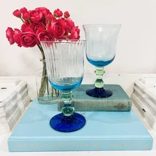 Anthropologie Glass Galleria 7 1/4" Wine Water Goblet Glass Blue Green Set Of 2