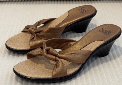 Sofft Womens Size 9 Copper Leather Wedge Sandals Bow Thong Comfort