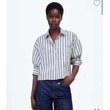 Madewell Top Womens XS Striped Cotton Poplin Crop Navy Classic Bold Stripe NU652