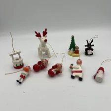 Vintage LOT OF 11 Wooden Hand Painted Mini Christmas Tree Ornaments