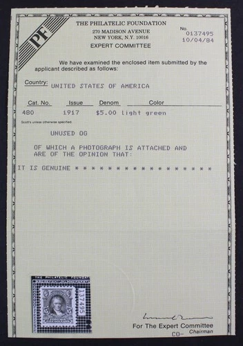 CKStamps: US Stamps Collection Scott#480 $5 Marshall Mint LH OG Cert