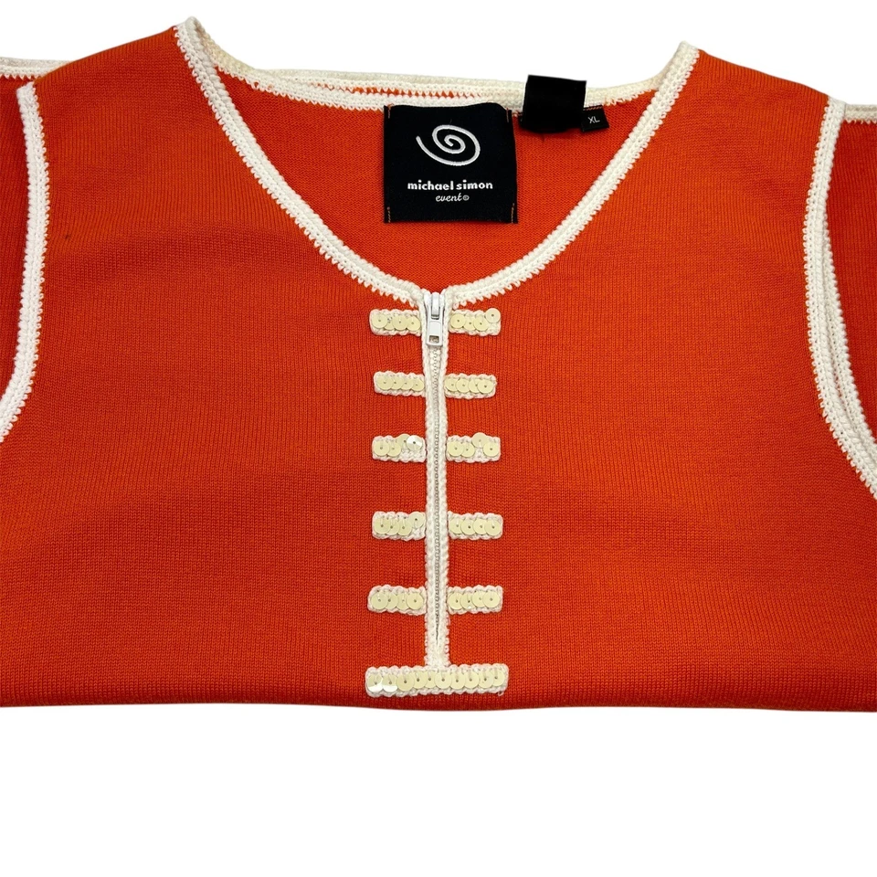 Vtg Michael Simon Sweater Vest Orange W/Sequin Football Design Sz XL1/4 Zip READ - Image 2 of 4