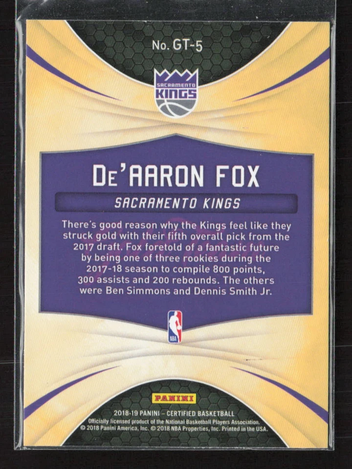 2018-19 Panini Certified #GT-5 De'Aaron Fox Gold Team Sacramento Kings (N) - Image 2 of 2