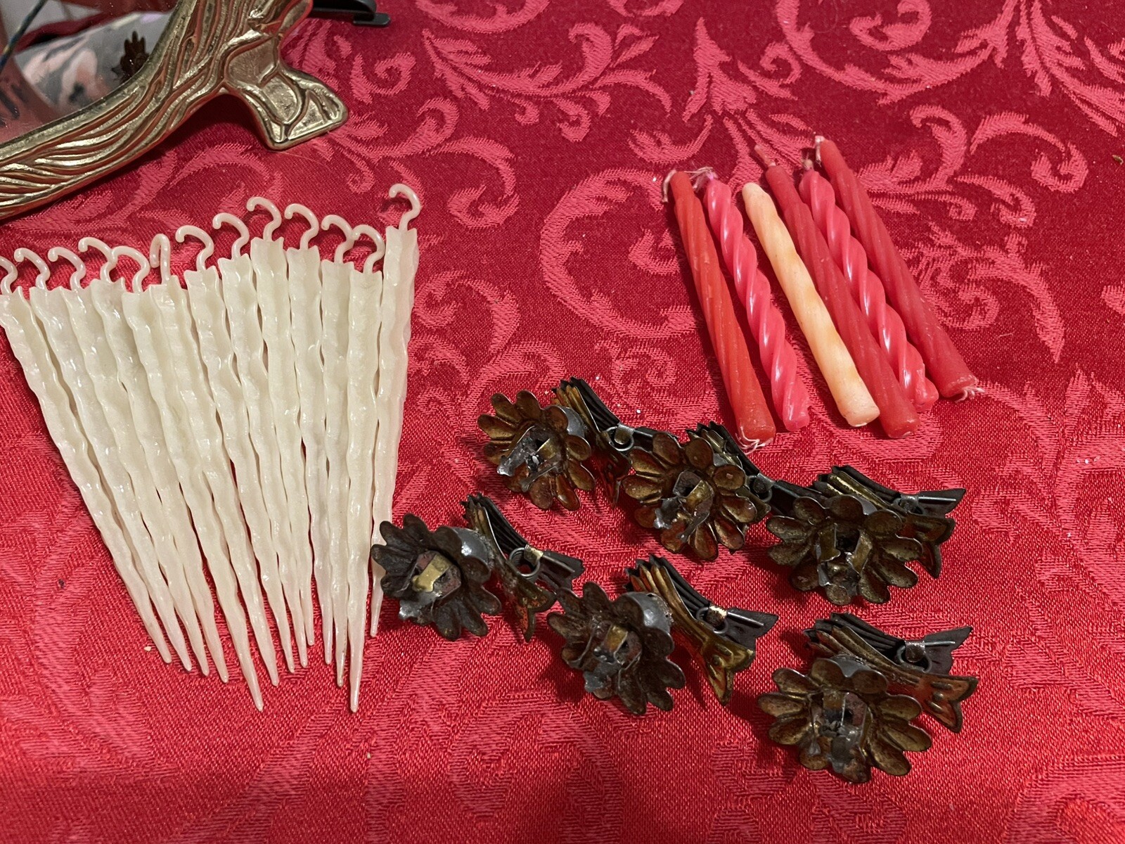 6 Vtg Christmas Clip W/ Candle Holders For Tree & 13 Vtg Icicle Tree Decorations