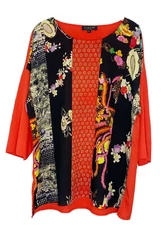 CITRON Women’s 3/4 Sleeve Crepe ORANGE BLACK Floral Blouse Size 0x