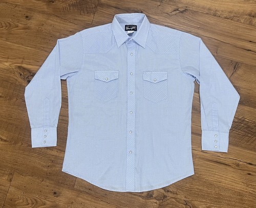 Vintage Wrangler Button Up Shirt Mens L Blue Pearl Snap Western Cowboy Rodeo 70s
