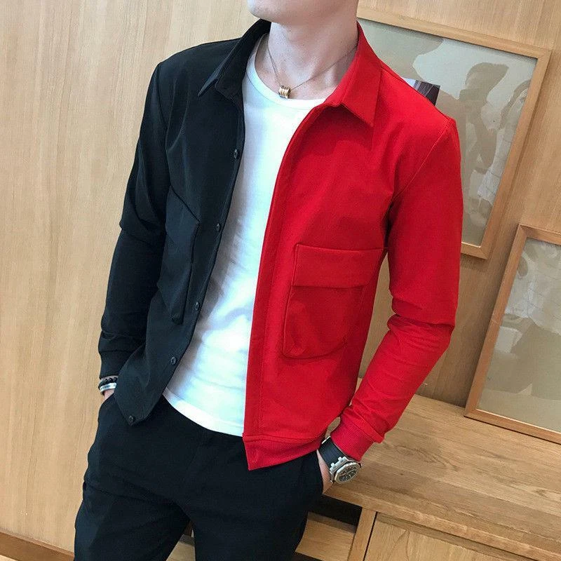 Men s Jacket Short Mixed Color Lapel Collar Long Slim Tops Coat