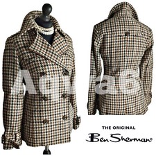 Ladies Ben Sherman Tweed Check Thick Mac Coat Uk Size S