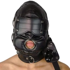 Bondage PU Leather Headgear Head Hood Harness with Plug Open Mouth Gag BDSM Game