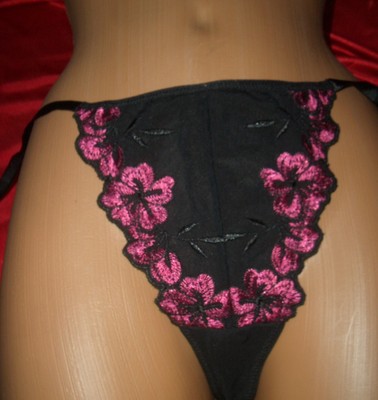 Aufregender bestickter Nylon String zum Binden 34-36 schwarz/pink Tanga  (K304)