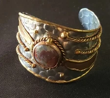 Brutalist Mixed Metal Brass Copper Silvertone Wide Cuff Bracelet