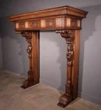 82" Large Vintage Renaissance Revival Oak Fireplace Surround/Mantel w/Figures